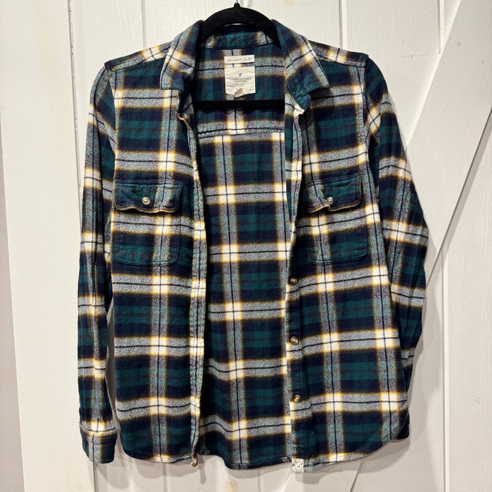 American Eagle Outfitters Slim Fit Amazingly Soft Green-Navy-Yellow Plaid Shirt